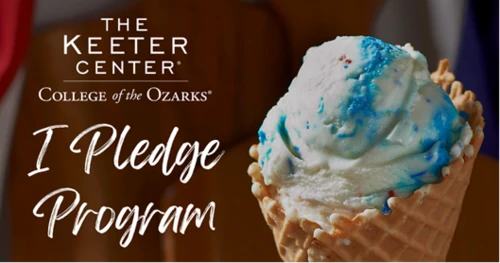 The image is a promotional graphic featuring a waffle cone filled with a scoop of white ice cream streaked with bright blue swirls, set against a softly blurred indoor background. Large white text reads “The Keeter Center, College of the Ozarks” and “I Pledge Program,” giving the image a welcoming, advertisement-style appearance.